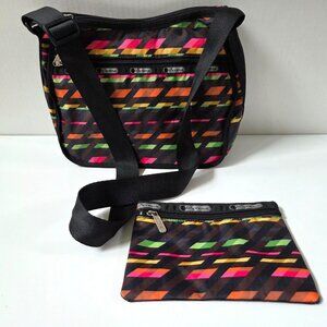 LeSportsac Purse Classic Hobo Rainbow Geometric Crossbody Bag & Pouch Travel Set